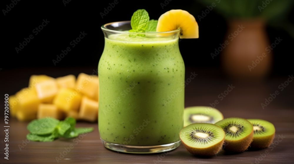 Energizing breakfast smoothie, featuring a vibrant blend of green vegetables and fruits, highlighted with bright green kiwi slices on top Energizing breakfast smoothie, featuring a vibrant blend of green vegetables and fruits, highlighted with bright green kiwi slices on top