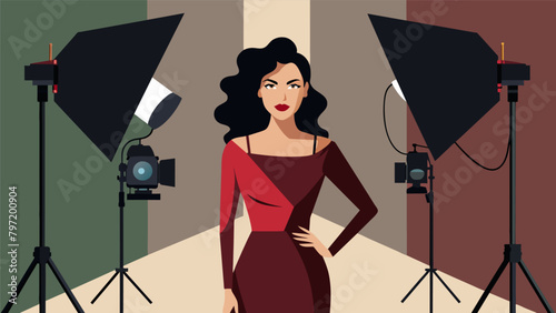 A highend studio lighting set illuminates a fashion model in a gl photo shoot creating a flawless portrait..