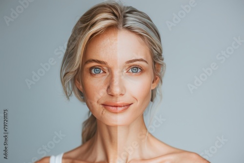 Aging woman portrait and skin stage challenges depicted through aging essentials transitions  integrating two-part face portrayal with aging beauty and face treatment in effectiveness.