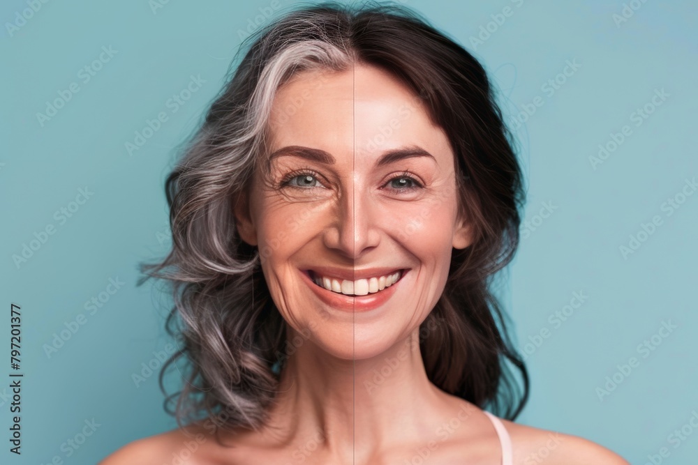 Aging treatment option and split screen depicted in skin division transitions, integrating aging skincare trend with composite portrayal and transitional care in aging effectiveness. Aging treatment option and split screen depicted in skin division transitions, integrating aging skincare trend with composite portrayal and transitional care in aging effectiveness.