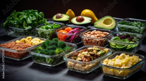 Fitness meal prep concept showing containers filled with protein sources and a bounty of deep green vegetables  symbolizing nutrition and health