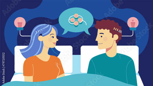 A young couple lying in bed their neural implants allowing them to have intimate conversations without speaking out loud..