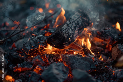 Close-up shot of charcoal burning in the aftermath of a bonfire, casting a soft, orange glow