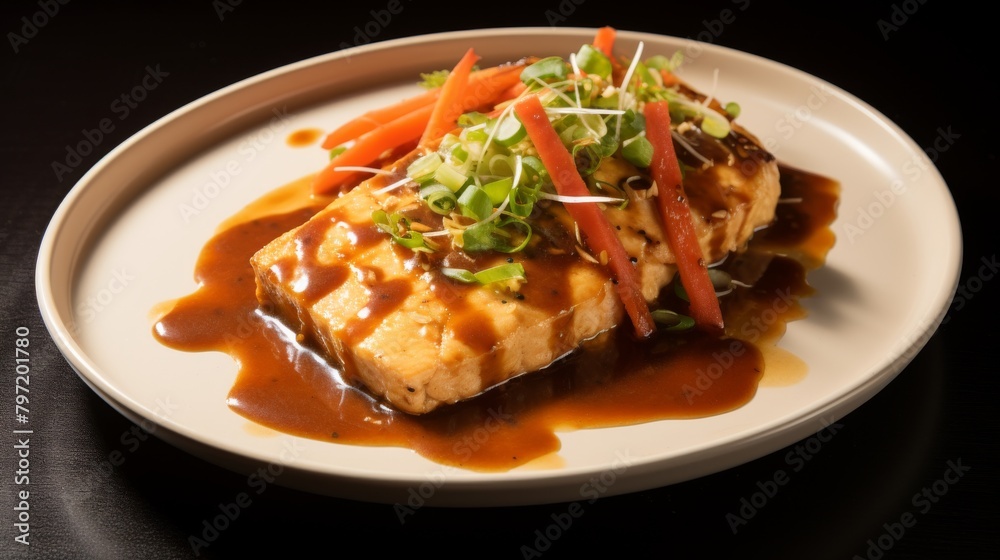 Gourmet tofu steak, carefully prepared with a miso and ginger glaze, ensuring a tender bite and fullflavored experience, served in soft beige hues Gourmet tofu steak, carefully prepared with a miso and ginger glaze, ensuring a tender bite and fullflavored experience, served in soft beige hues