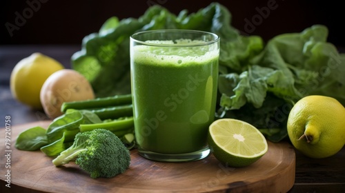 Freshly prepared shot of chlorophyllrich greens including Swiss chard and moringa, blended for a deep, vibrant green detox drink photo