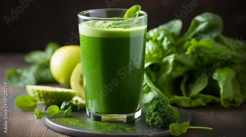 Freshly prepared shot of chlorophyllrich greens including Swiss chard and moringa, blended for a deep, vibrant green detox drink photo