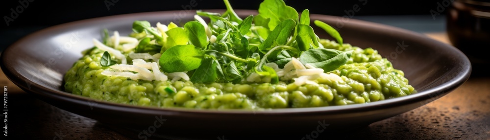 Healthy and wholesome green risotto, fusing Italian cooking techniques with Thai flavors, using green curry paste and arborio rice garnished with cilantro Healthy and wholesome green risotto, fusing Italian cooking techniques with Thai flavors, using green curry paste and arborio rice garnished with cilantro