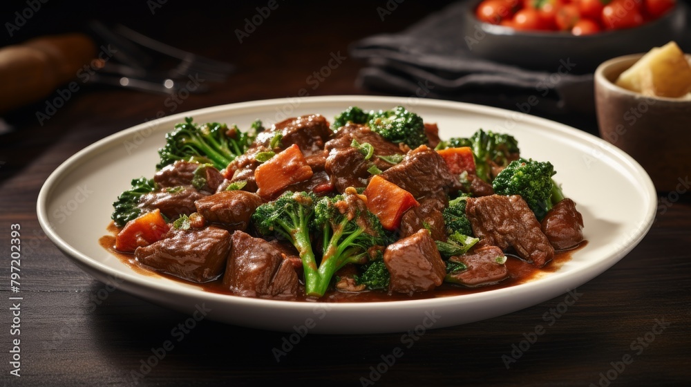 Hearty, nutritious meal ideal for health enthusiasts, featuring lean beef and a rich array of deep green vegetables, providing a full spectrum of nutrients Hearty, nutritious meal ideal for health enthusiasts, featuring lean beef and a rich array of deep green vegetables, providing a full spectrum of nutrients