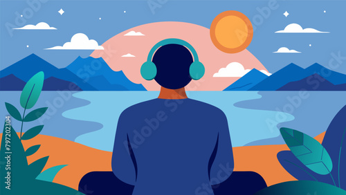 A person gazing out at a beautiful view with earphones on indulging in a personal growth podcast that explores finding inner peace and living in the.
