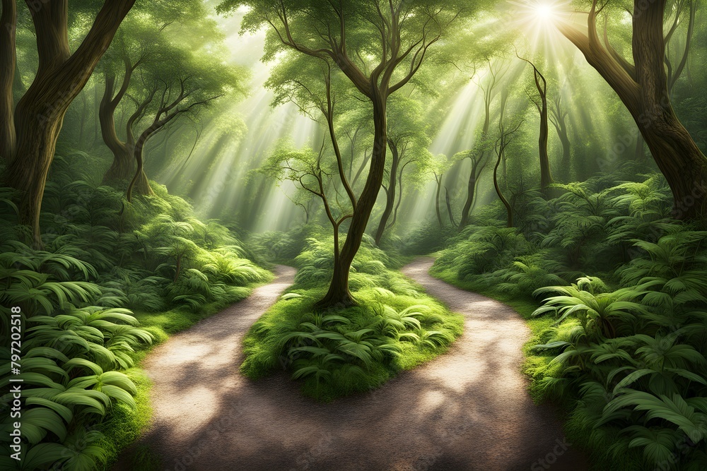 A forest with two paths, one of which is a dirt road A forest with two paths, one of which is a dirt road