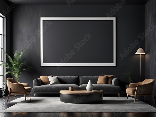  Large empty screen in a living room interior on an empty dark wall background design 3D rendering 