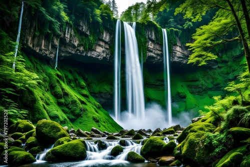 A waterfall surrounded by lush green trees and rocks