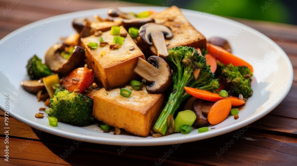 Nutrientdense meal of baked tofu and mixed vegetables, featuring rich brown mushrooms and whole grain bread, perfect for healthconscious eaters Nutrientdense meal of baked tofu and mixed vegetables, featuring rich brown mushrooms and whole grain bread, perfect for healthconscious eaters