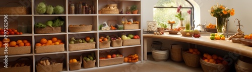 Kitchen pantry with dedicated baskets for organic fruits and vegetables, where vibrant oranges like persimmons and mandarins are displayed in an artistic manner photo