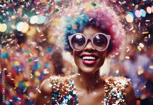 'costume wearing sequin Year's featuring colored woman party tutu playful An oversized multi whimsical confetti image New top glasses. person celebrate colourful dancer event festival' photo