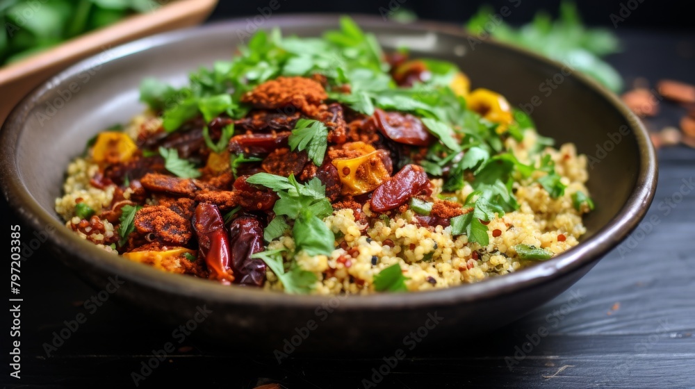 Nutritious dairyfree and glutenfree quinoa bowl, featuring warm brown tones from roasted almonds and sundried tomatoes, garnished with fresh herbs Nutritious dairyfree and glutenfree quinoa bowl, featuring warm brown tones from roasted almonds and sundried tomatoes, garnished with fresh herbs