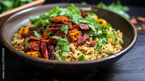 Nutritious dairyfree and glutenfree quinoa bowl, featuring warm brown tones from roasted almonds and sundried tomatoes, garnished with fresh herbs