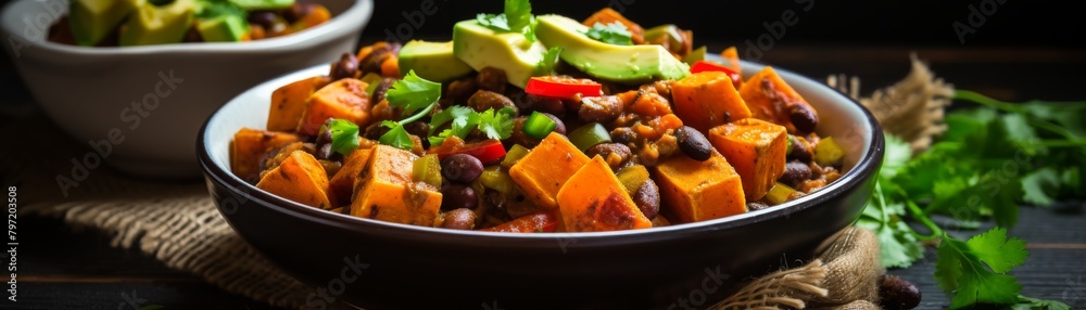 Nutritious sweet potato and black bean chili, served dairyfree and glutenfree, with warm brown spices and rich, deep flavors Nutritious sweet potato and black bean chili, served dairyfree and glutenfree, with warm brown spices and rich, deep flavors