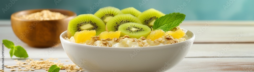 Refreshing and wholesome oatmeal topped with sliced golden kiwi and honey, presented in a bright yellow bowl to energize your day Refreshing and wholesome oatmeal topped with sliced golden kiwi and honey, presented in a bright yellow bowl to energize your day