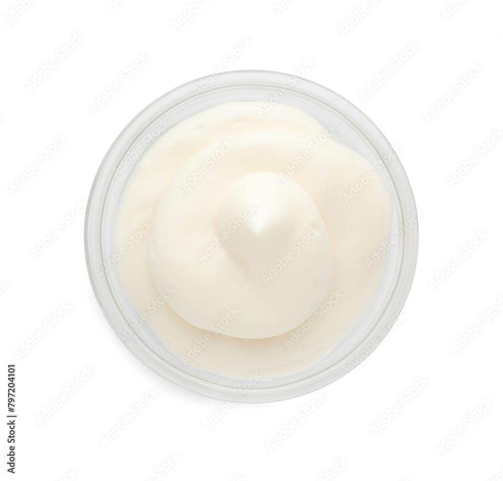 Tasty fresh mayonnaise sauce in bowl isolated on white, top view Tasty fresh mayonnaise sauce in bowl isolated on white, top view