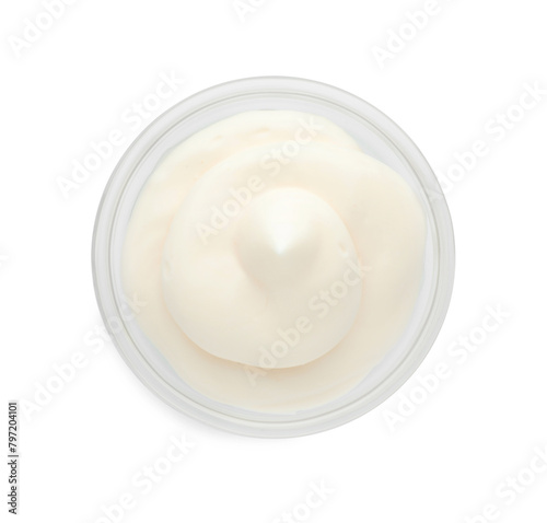Tasty fresh mayonnaise sauce in bowl isolated on white  top view