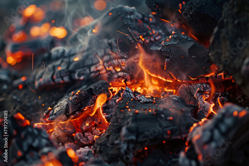 Close-up shot of charcoal burning in the aftermath of a bonfire, casting a soft, orange glow