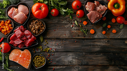 Panorama banner of healthy fresh ingredients for pet food in individual heart shaped bowls viewed from overhead with chopped raw beef, liver and chicken , mixed vegetables and rains on rustic wood photo