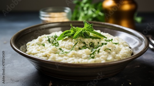 Simple yet elegant glutenfree and dairyfree risotto, using cauliflower rice and coconut cream, served in a soft beige color palette photo