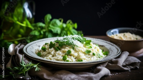 Simple yet elegant glutenfree and dairyfree risotto, using cauliflower rice and coconut cream, served in a soft beige color palette