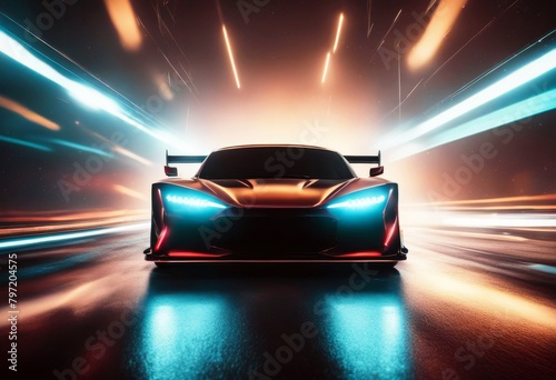 'night abstract illustration racing lights blurred race speed light tunnel drive motion neon gital blue black acceleration arrow auto automobile automotive background car' photo