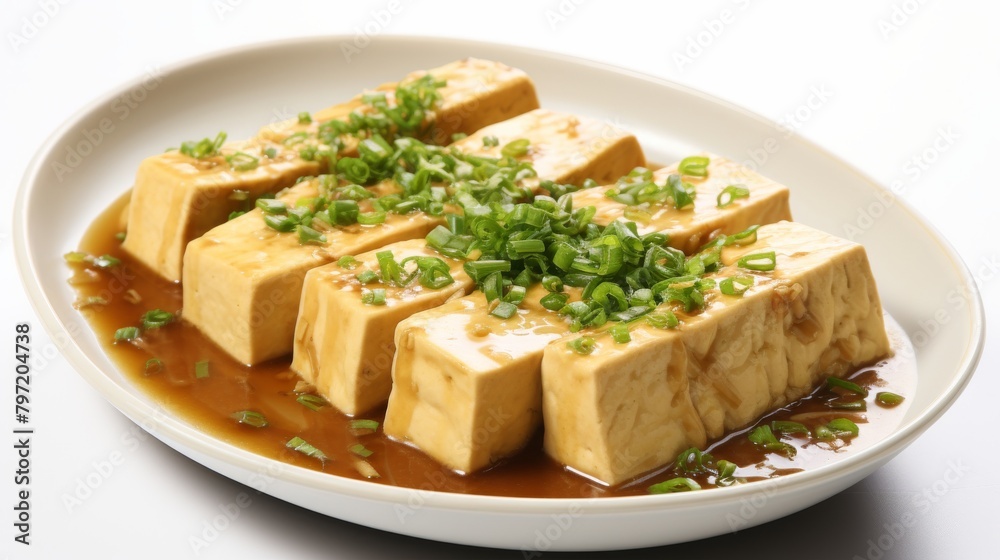 Soft beige tofu steak, delicately braised in a vegan broth and herbs, achieving a meltinyourmouth texture and a succulent taste profile Soft beige tofu steak, delicately braised in a vegan broth and herbs, achieving a meltinyourmouth texture and a succulent taste profile