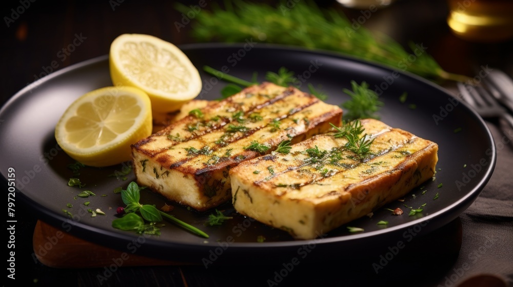 Tofu steak, skillfully prepared with a lemon and thyme seasoning, grilled to bring out a tender texture and served in soft beige with a side of aromatic herbs