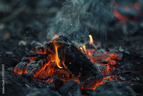 Close-up shot of charcoal burning in the aftermath of a bonfire, casting a soft, orange glow