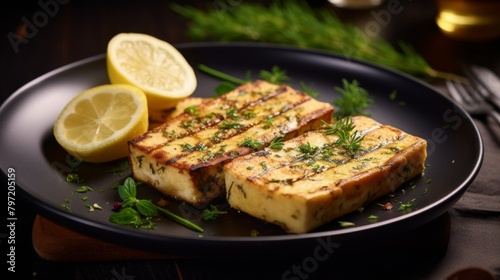 Tofu steak, skillfully prepared with a lemon and thyme seasoning, grilled to bring out a tender texture and served in soft beige with a side of aromatic herbs