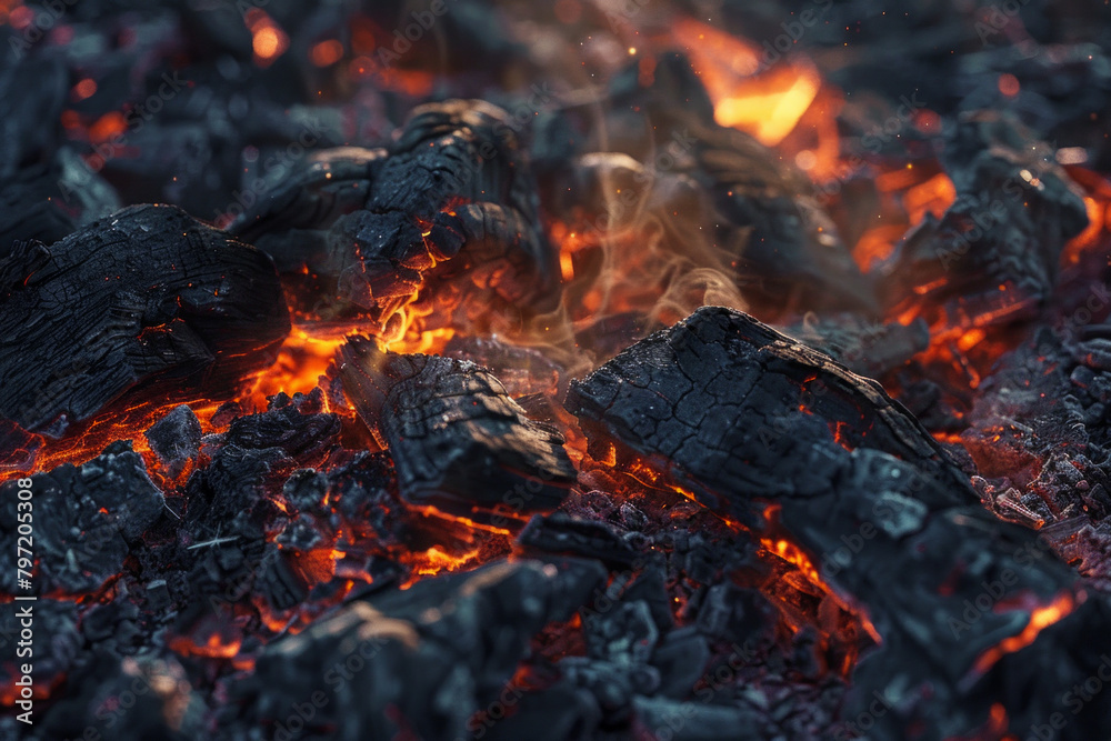 Close-up shot of charcoal burning in the aftermath of a bonfire, casting a soft, orange glow Close-up shot of charcoal burning in the aftermath of a bonfire, casting a soft, orange glow