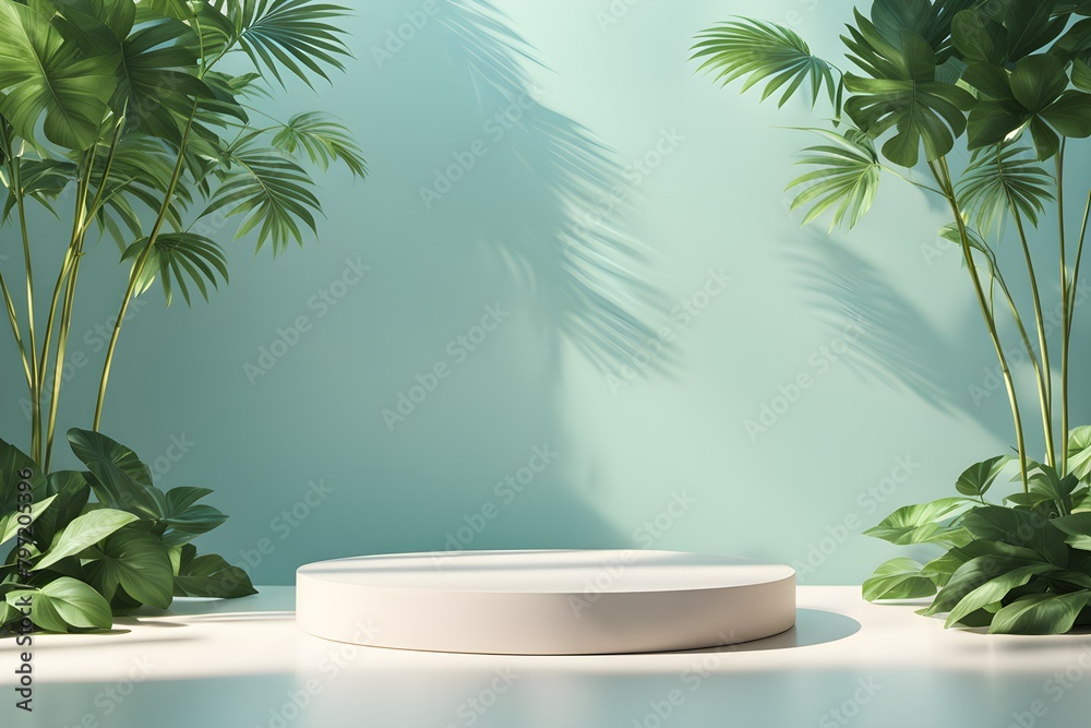 A white pedestal with a green background and a palm tree in the foreground A white pedestal with a green background and a palm tree in the foreground