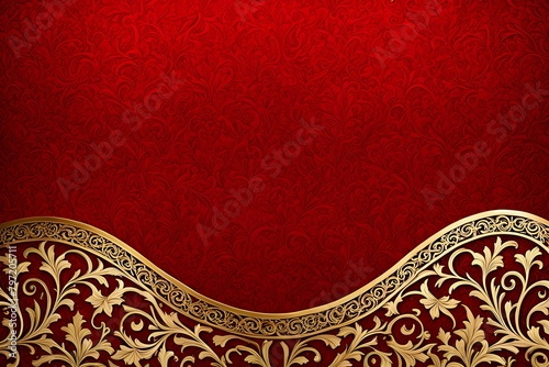 A red background with gold trim and a floral design
