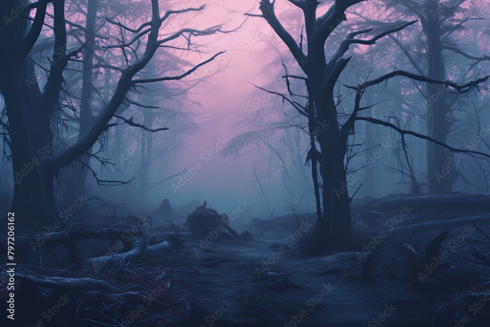 Phantom Mirage Gradients: Enigmatic Foliage in Misty Forest Mindscapes