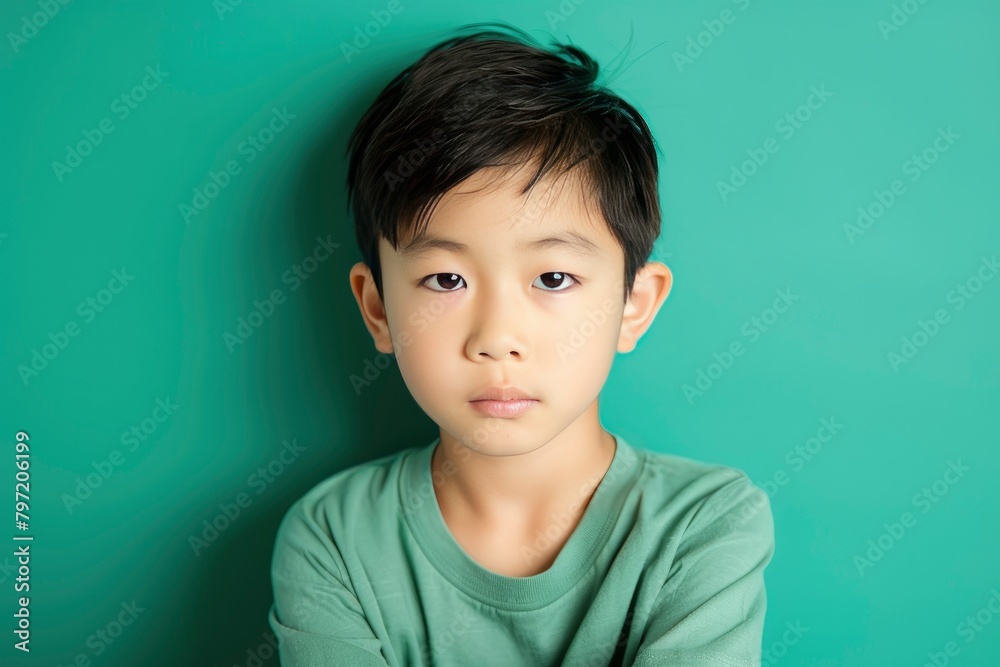 portrait of an asian boy posing on a one color background - generative ai