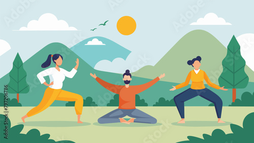 A calm and serene outdoor setting with individuals practicing tai chi or qigong as a form of moving meditation for improved mental wellbeing.