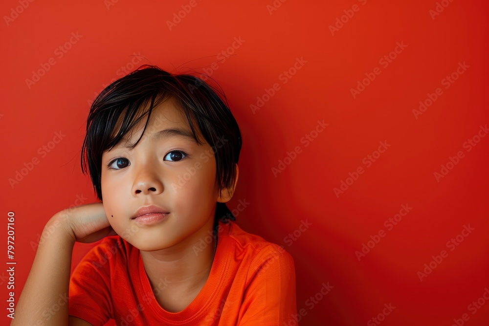 portrait of an asian boy posing on a one color background - generative ai portrait of an asian boy posing on a one color background - generative ai