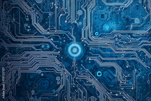 A blue and white image of a circuit board with a small blue circle in the middle