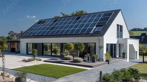 Modern minimalist American style house with solar panel cells on the roof. American house design facade. photo