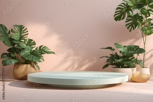 A round table with a green plant in a basket on it