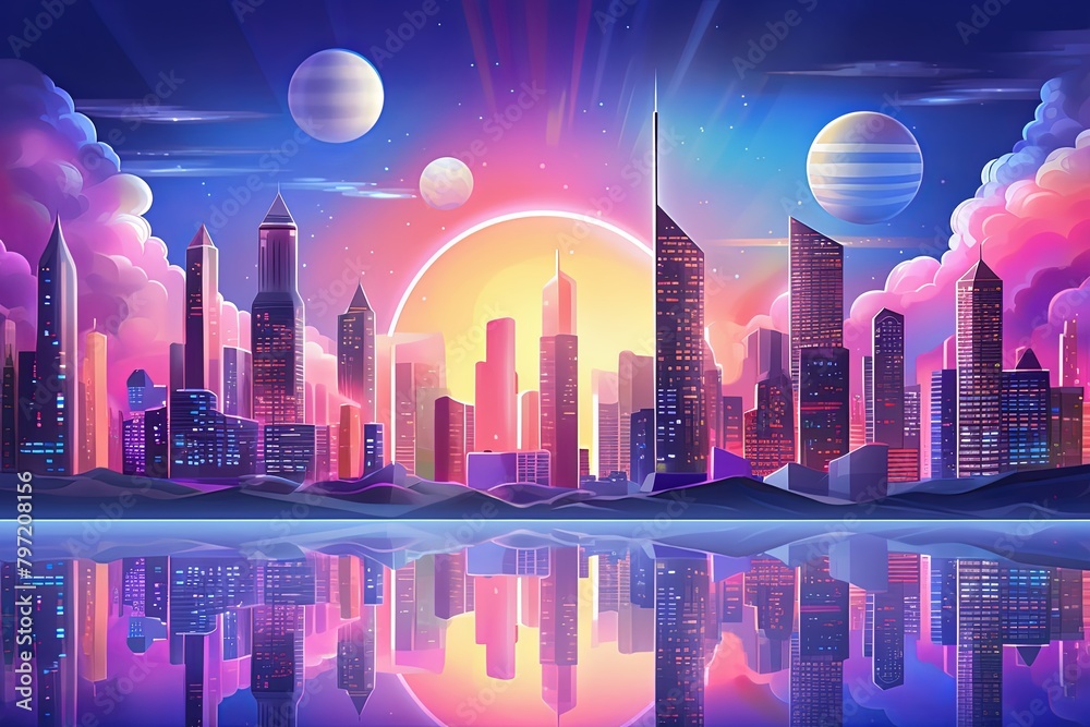 Retro Futurist Hologram Gradients Illuminate the Futuristic Cityscape