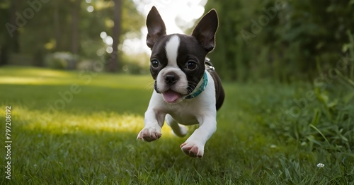 boston terrier running on grass photo
