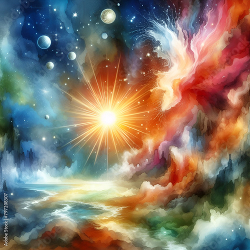 Wallpaper Mural Abstract Astronomical Event of a Colorful Swirling Cosmic Gas Nebula Explosion Watercolor Depicting the Birth Formation of a Star in Space. Nuclear Fusion of Clouds & Dusts. Night Universe Background Torontodigital.ca