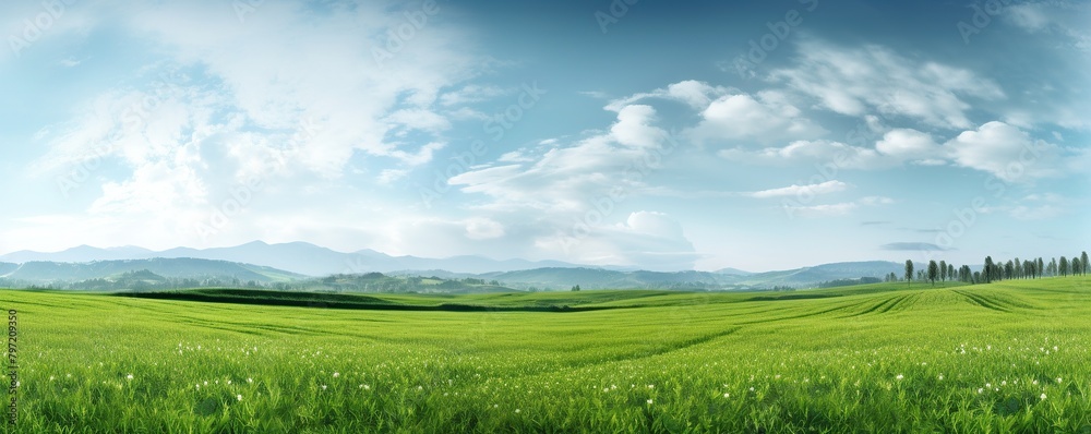 View of a wide green meadow with a clear sky in the background View of a wide green meadow with a clear sky in the background