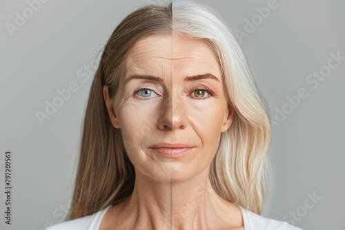 Skin health dynamics in aging contrast supported by resveratrol dialogue and facial age portrayal, aiming for texture exploration and moisturizer improvements in half-face aging symmetry.