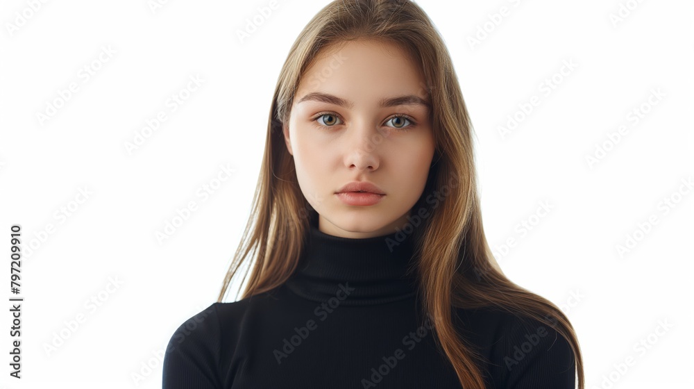 A beautiful Russian girl wearing modern strict black clothing against a white background. A beautiful Russian girl wearing modern strict black clothing against a white background.